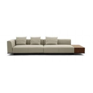 Beige Real Leather Open End Sofa with End Table