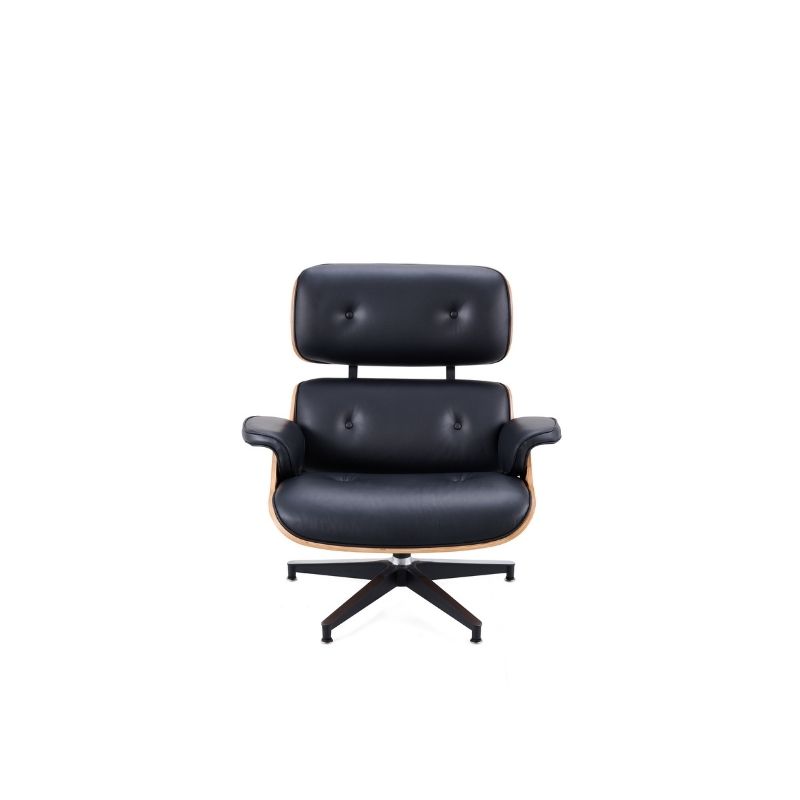 Black Leather Swivel Lounge Chair with Ottoman