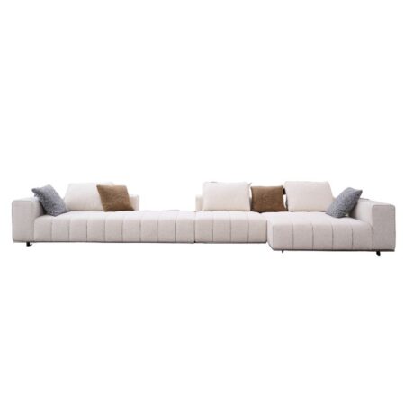 White Linen Fabric Sectional Chaise Sofa with Side Table