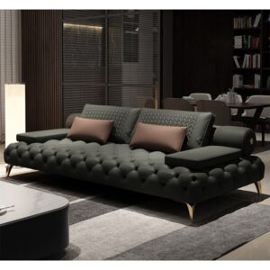 Luxury Green Top Grain Leather Tufted Couch