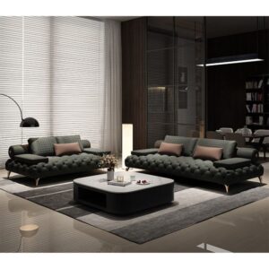 Luxury Green Top Grain Leather Tufted Couch