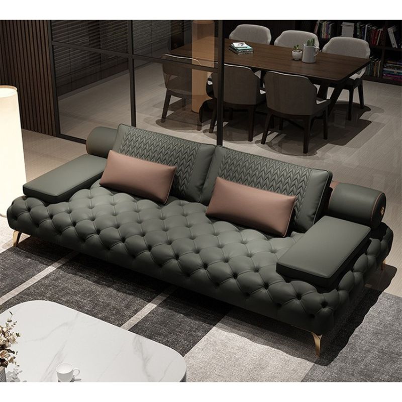 Luxury Green Top Grain Leather Tufted Couch